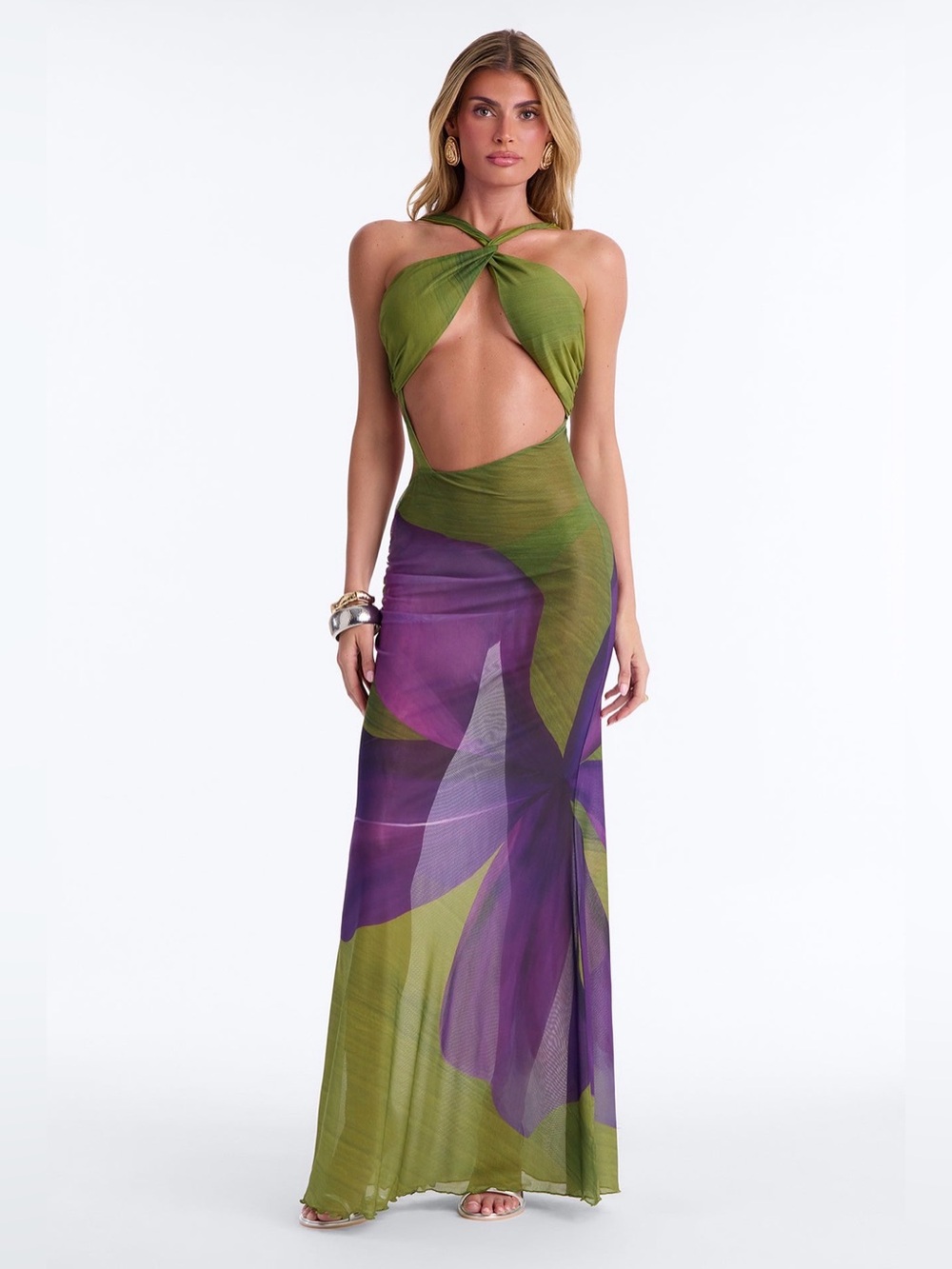 Fashion Nova Green and Purple Cutout Maxi Dress